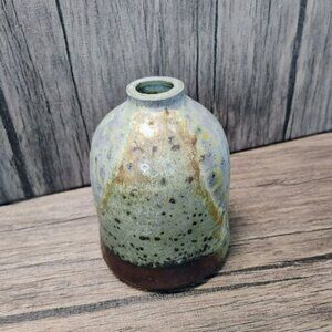 Handmade Ceramic Bud Vase With Rustic Earthy Glaze 4.5" Artist Signed Pottery